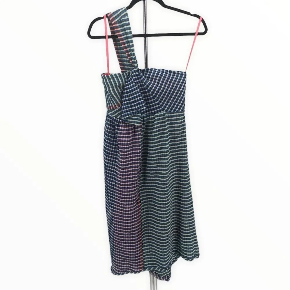 Maeve Waverly One Shoulder Multicolor Gingham Midi Dress size 6 - Picture 3 of 13